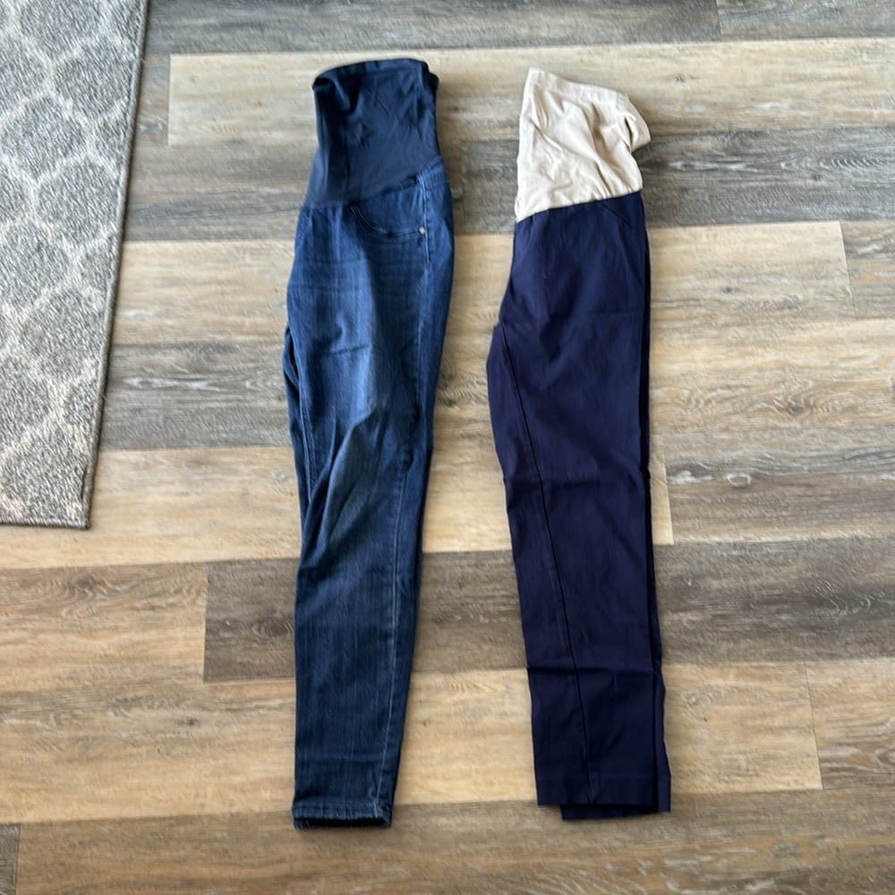2 pairs of maternity pants. One jean and one blue pants. Both size medium.